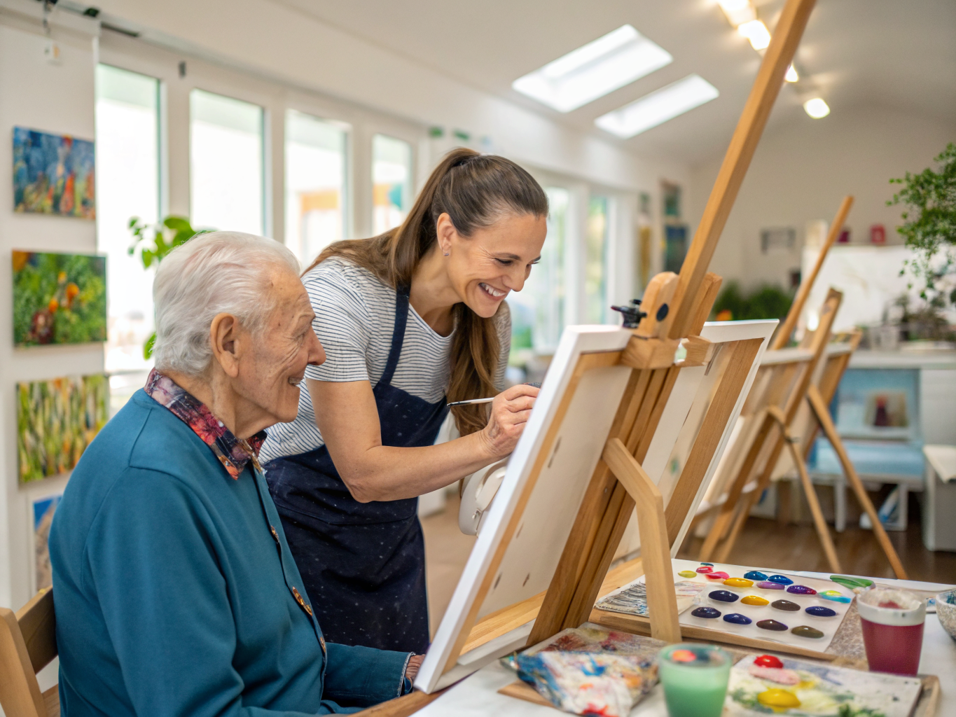 Companion aide and senior painting watercolors at retirement community art studio near Cedar Crest Village NJ