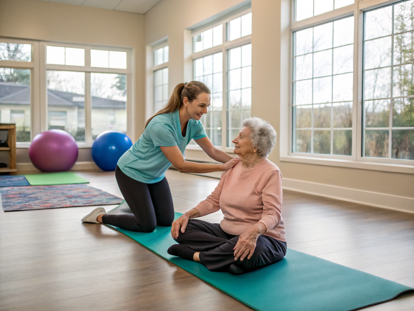 Companion aide guiding senior through seated yoga at retirement community fitness room near Pompton Plains NJ