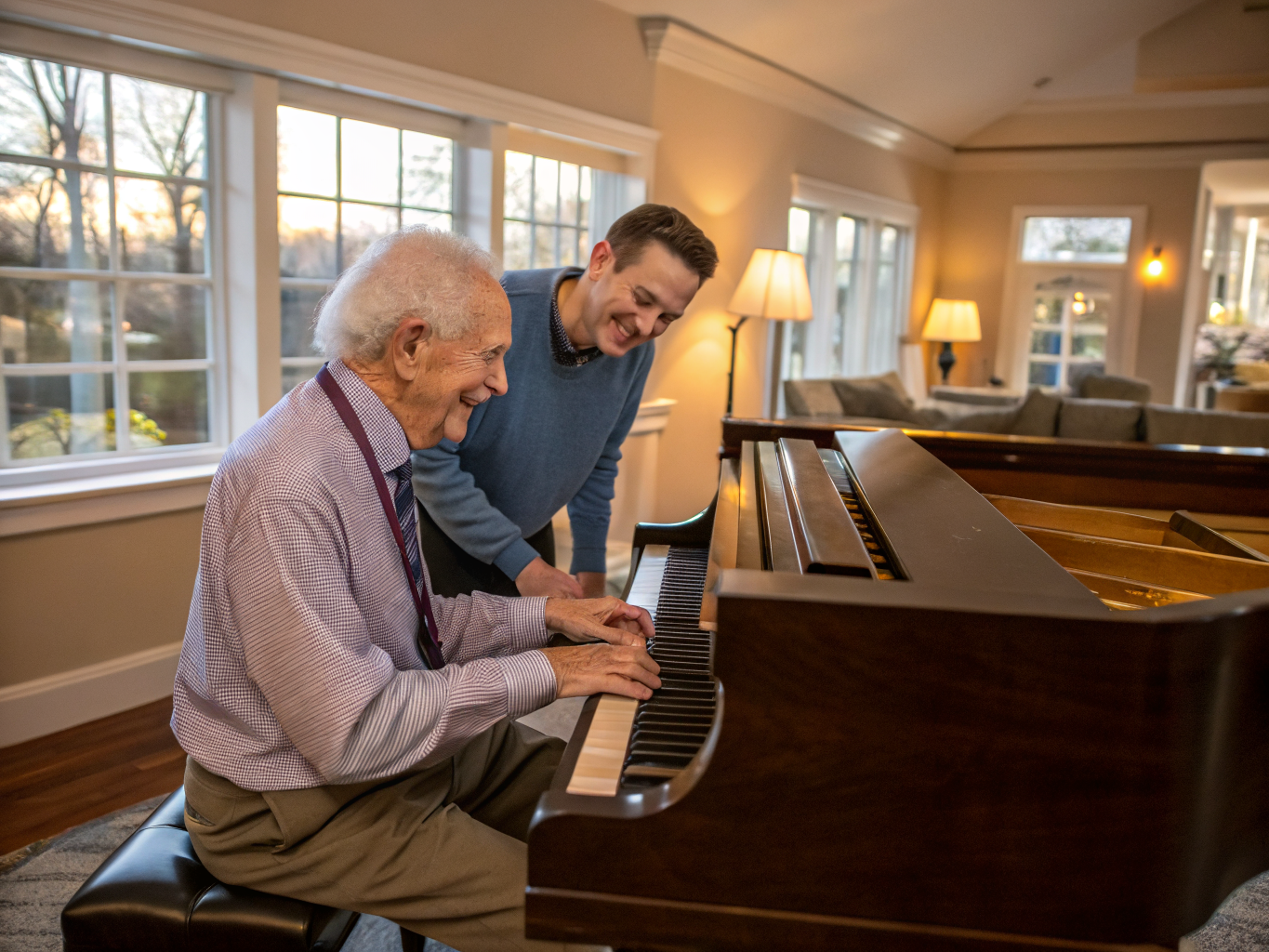 Companion aide and senior playing piano together at retirement community music room near Cedar Crest Village NJ