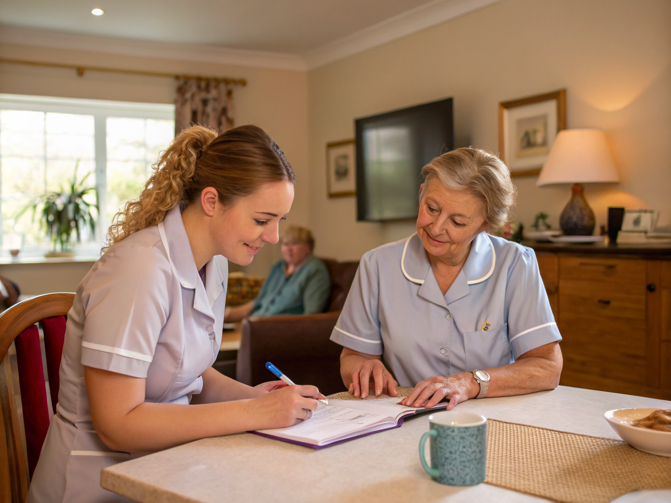 24-hour caregiver shift handoff in Essex County NJ — detailed notes exchange between day and night aides near Livingston