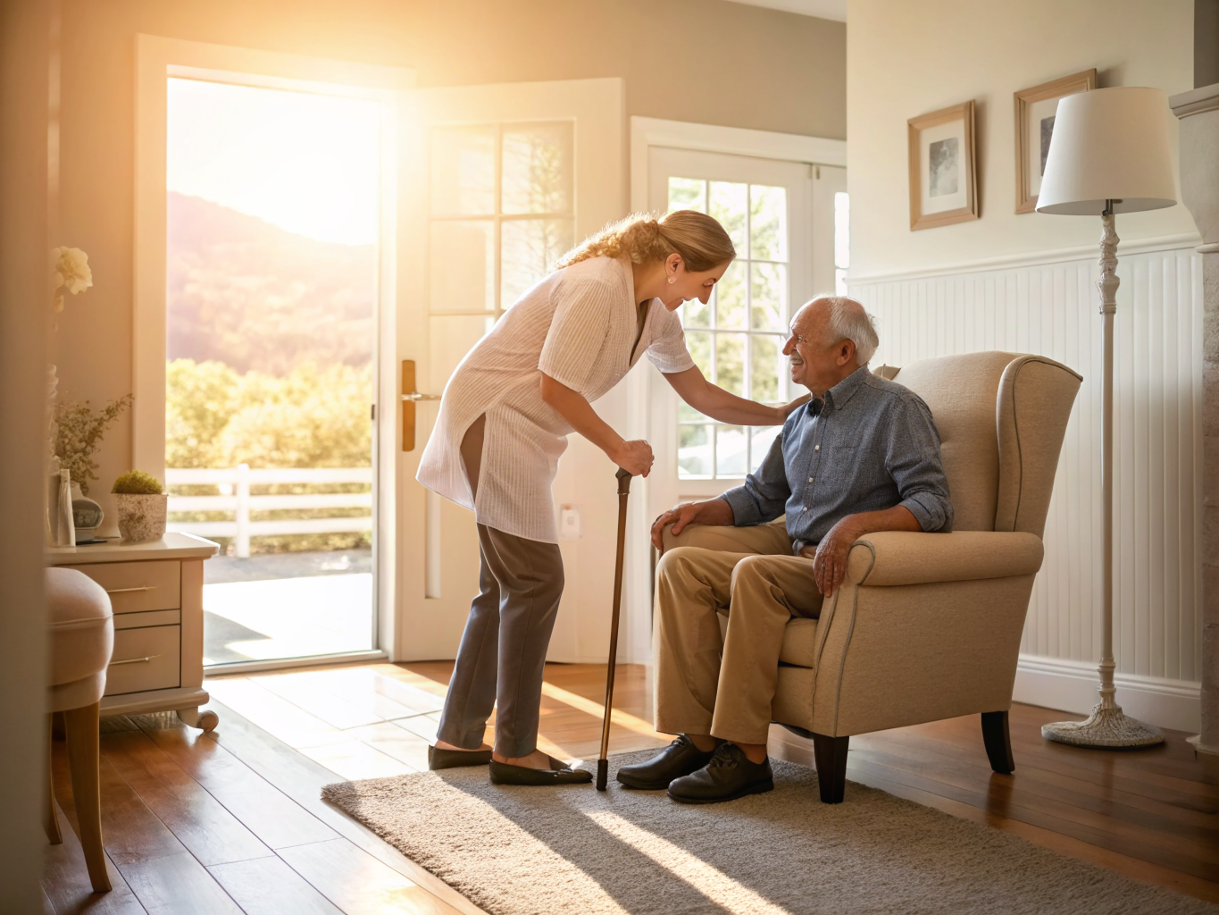 24-hour caregiver helping senior stand safely in Middlesex County NJ — mobility support at home in Edison area