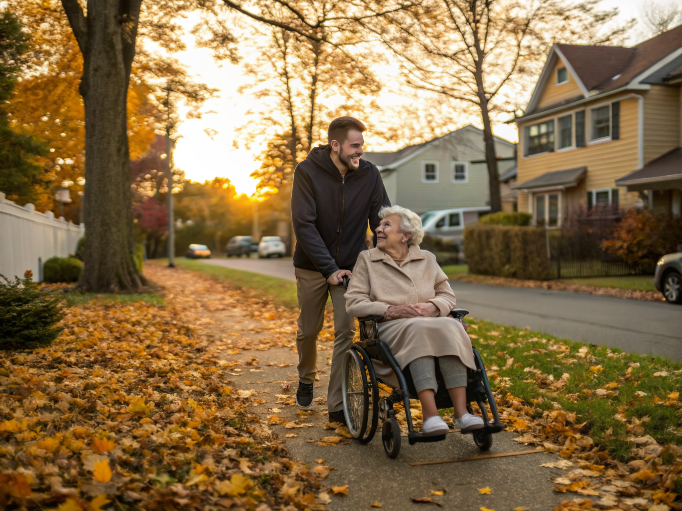 24-hour caregiver outdoor walk with senior in Morris County NJ — wheelchair assistance through garden near Morristown