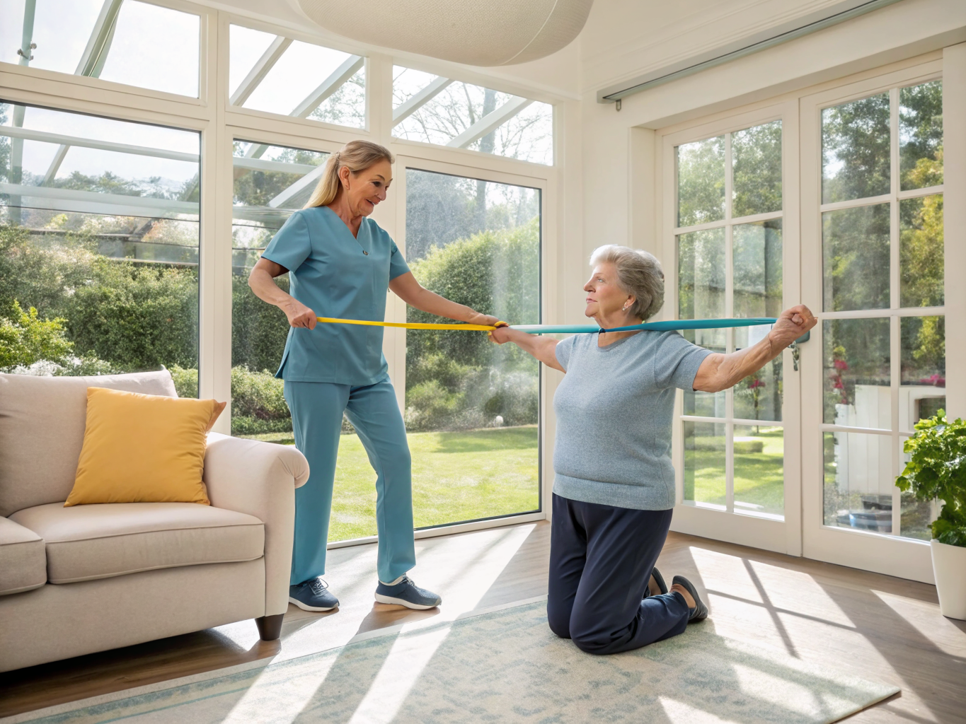 24-hour caregiver guiding gentle exercises for senior in Somerset County NJ — rehabilitation support near Basking Ridge