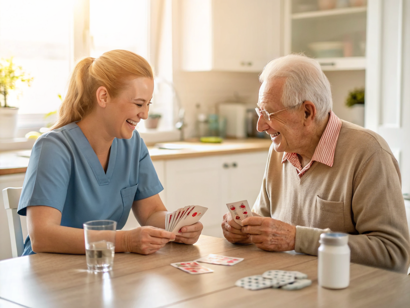 24-hour caregiver companionship and engagement in Union County NJ — playing cards with senior near Westfield