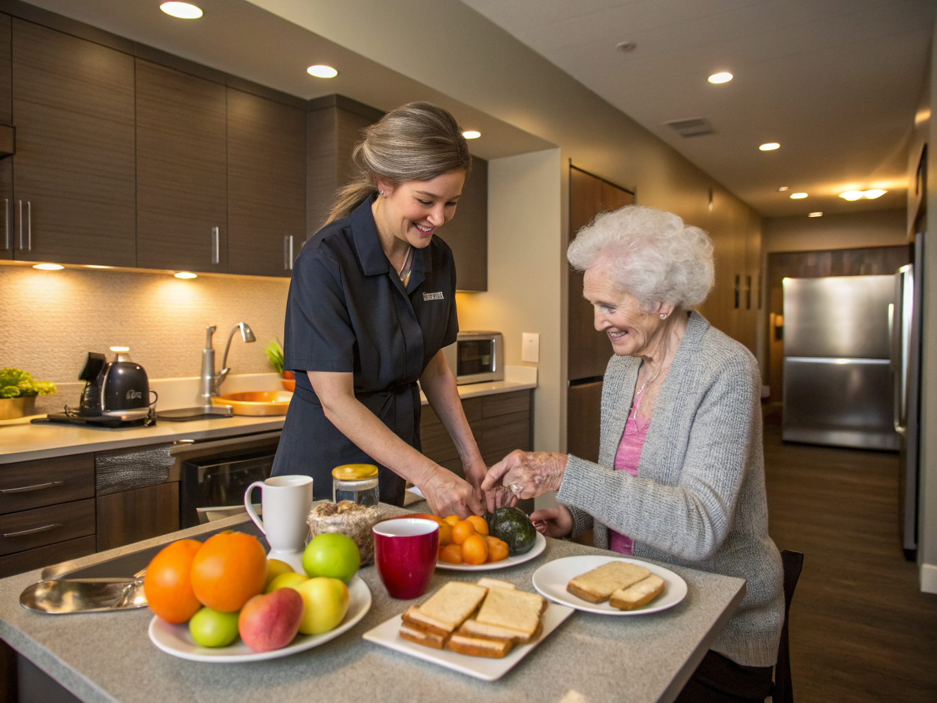 Live-in aide preparing breakfast at Cedar Crest Village apartment in Pompton Plains NJ — morning routine