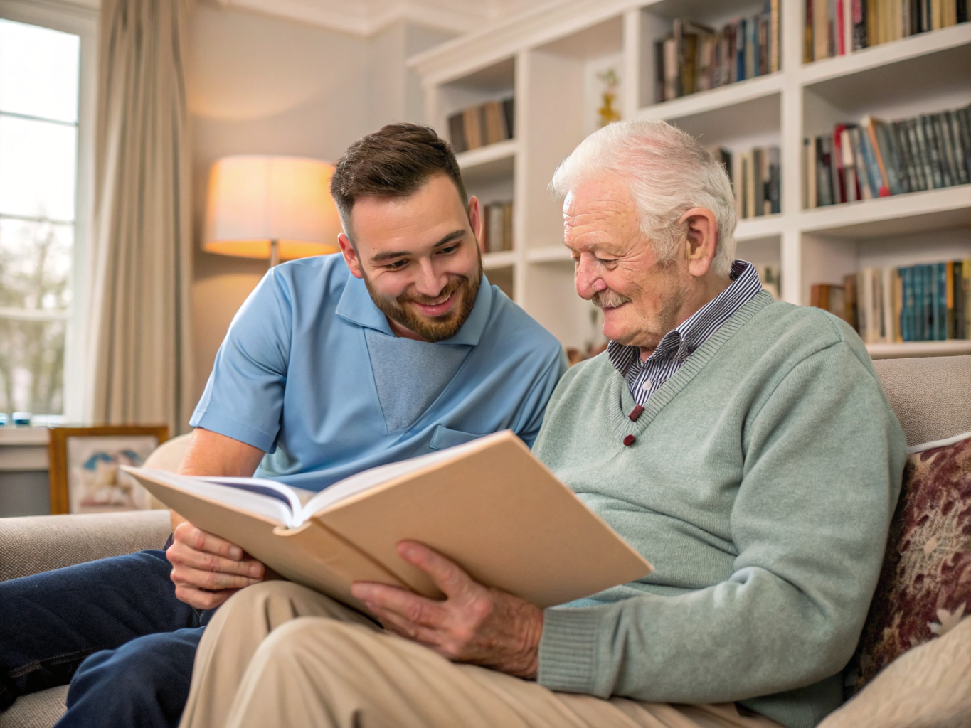 Live-in aide reading with senior in Cedar Crest Village apartment Pompton Plains NJ — afternoon companionship