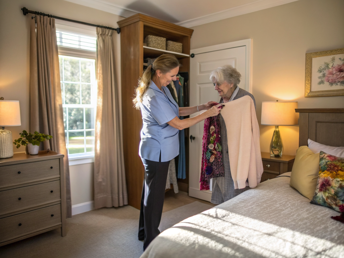 Live-in aide helping senior get dressed at Cedar Crest Village apartment Pompton Plains NJ — morning personal care