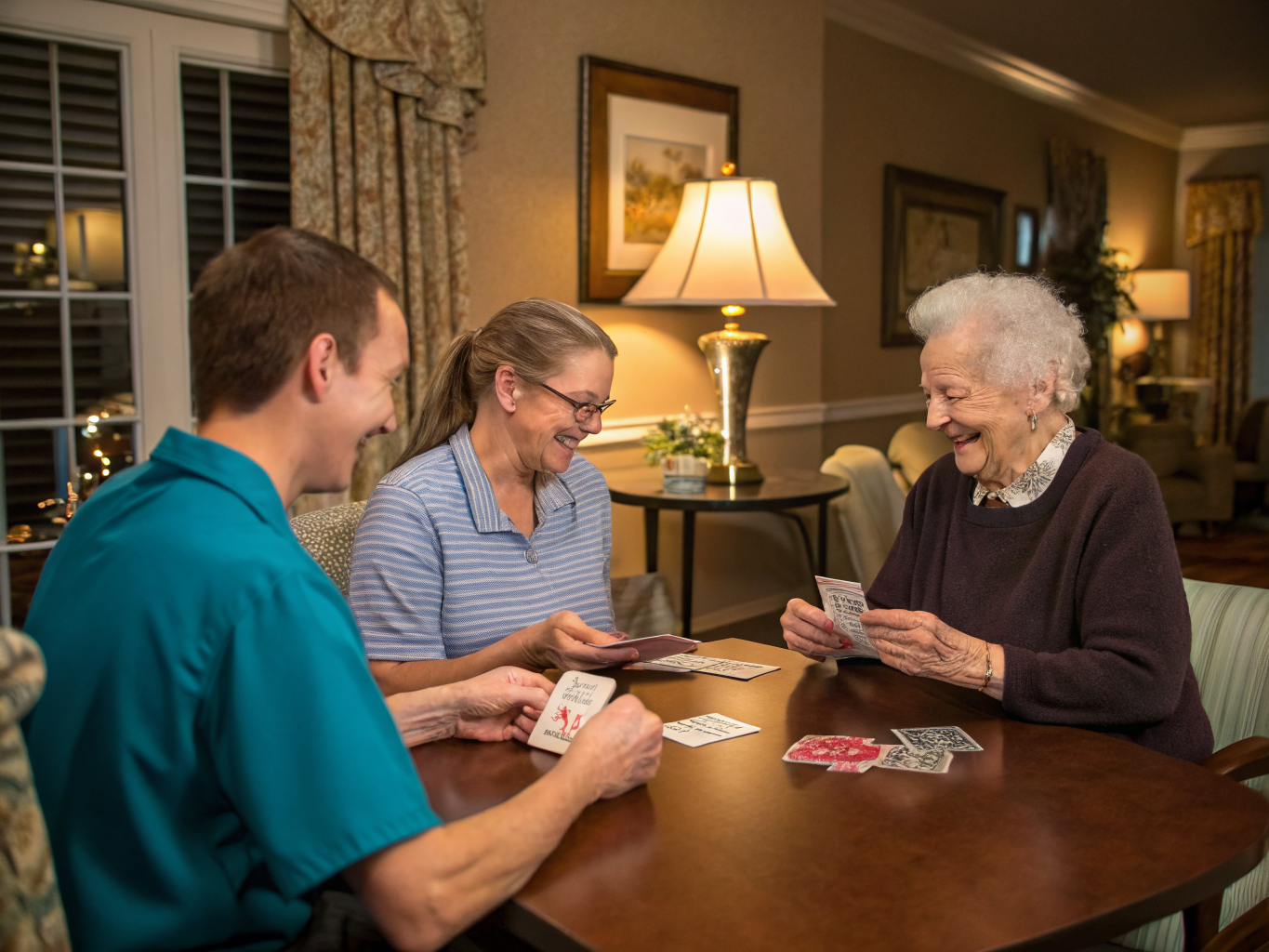 Live-in aide playing cards with senior couple at Cedar Crest Village apartment Pompton Plains NJ — evening engagement