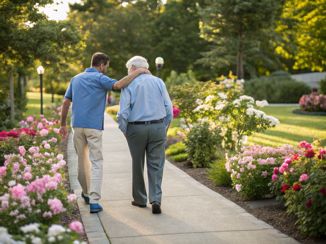 Live-in aide walking senior through Cedar Crest Village garden to appointment Pompton Plains NJ — campus escort