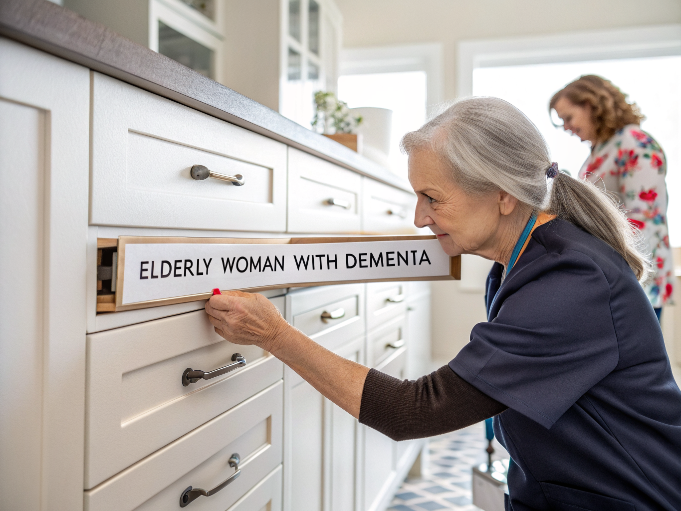 Dementia home care near Morristown NJ — caregiver labeling kitchen items for senior with cognitive impairment
