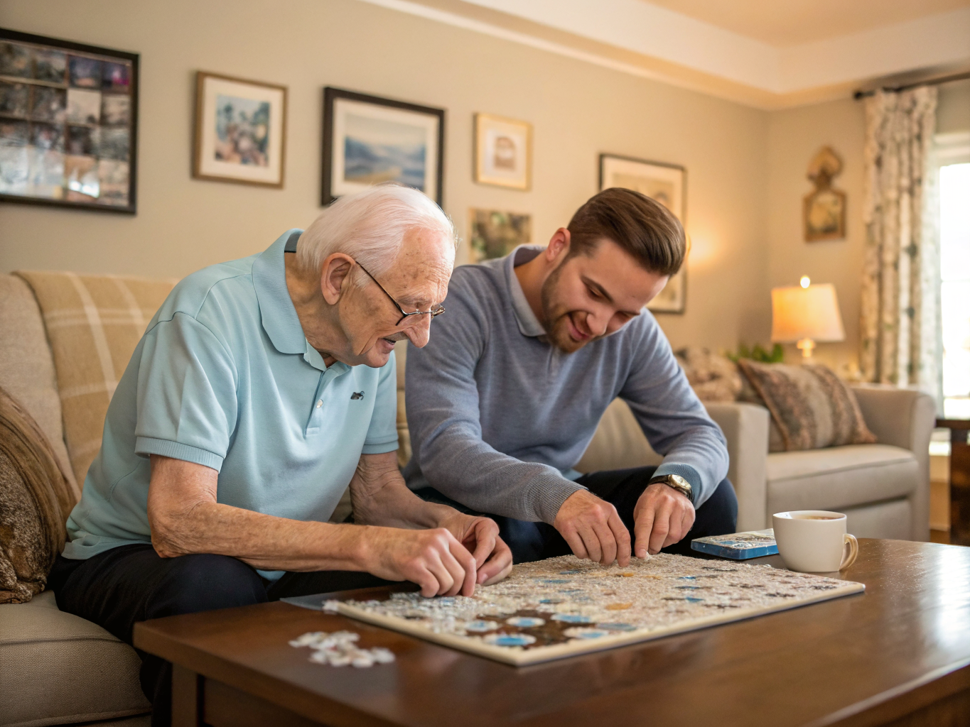 Dementia cognitive activity near Morristown Medical Center NJ — caregiver and senior doing large-piece jigsaw puzzle