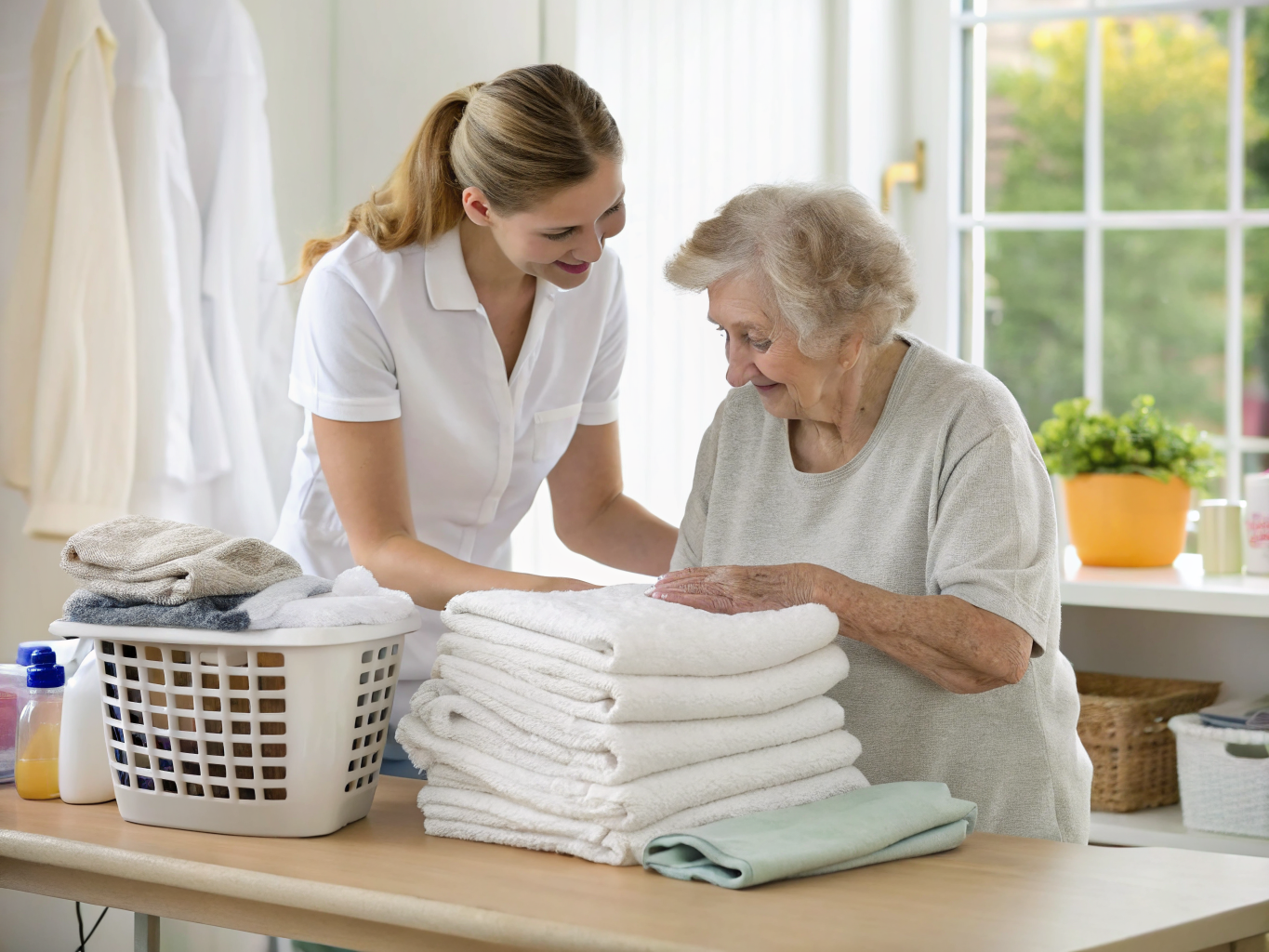 Dementia familiar task therapy near Morristown NJ — caregiver helping senior fold towels as structured activity