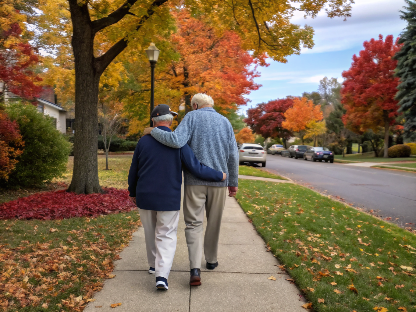 Dementia safe walking routine near Morristown Medical Center NJ — caregiver walking arm-in-arm with senior on familiar route