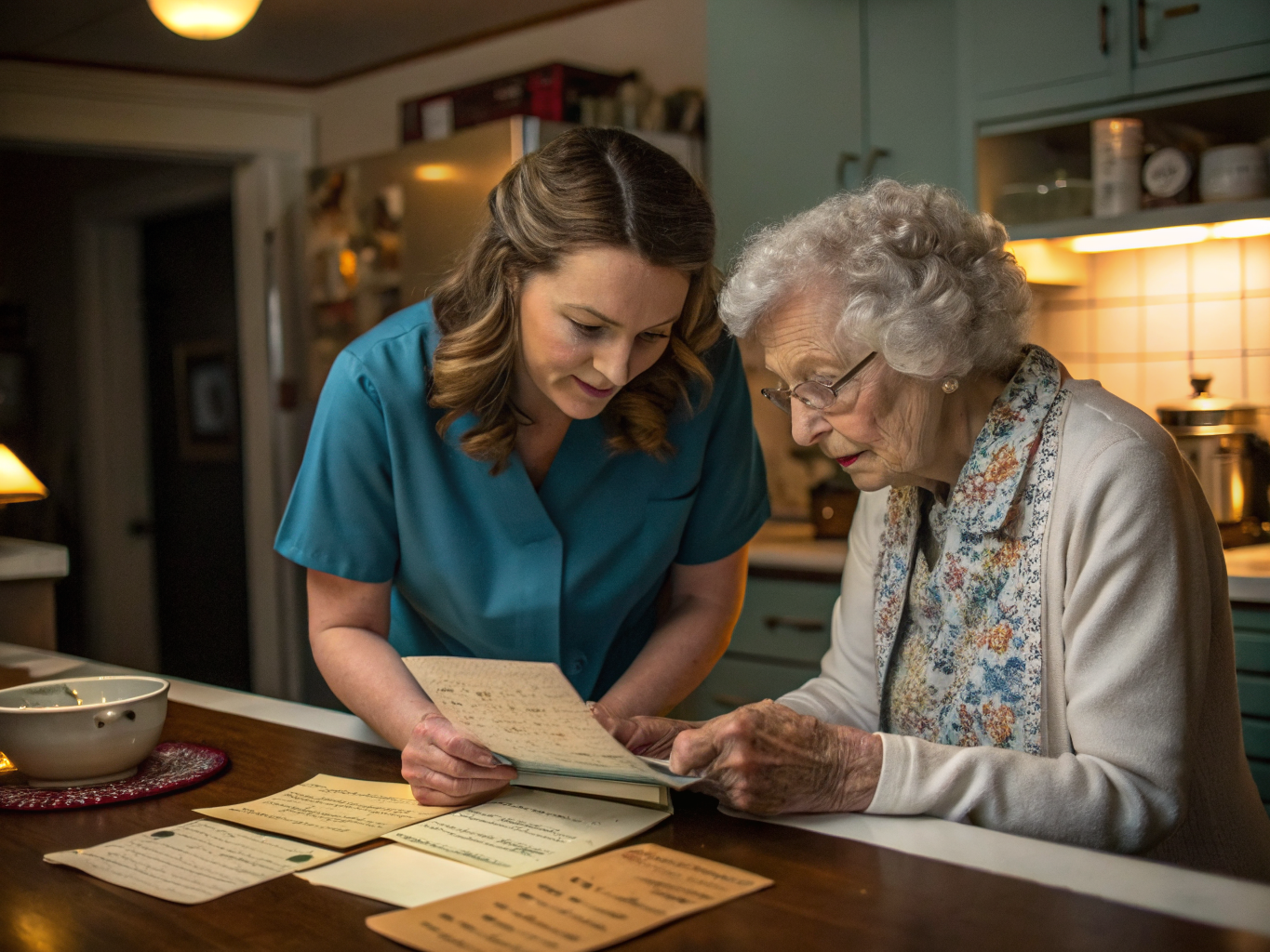 Dementia reminiscence therapy near Morristown NJ — caregiver and senior reviewing old recipe cards together