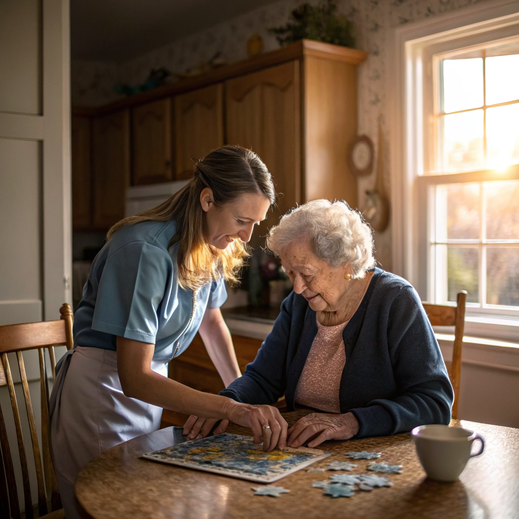 NJ dementia caregiver engaging elderly woman with cognitive activities — dementia care career