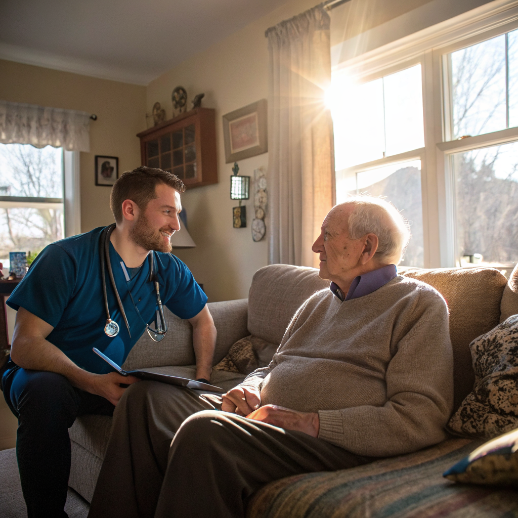 NJ Alzheimer's caregiver using communication techniques with elderly male client