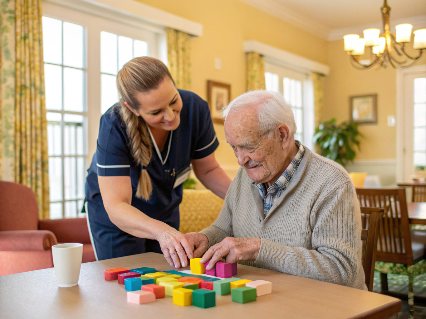 Alzheimer's cognitive exercise near Daughters of Israel West Orange NJ — sorting activity with caregiver