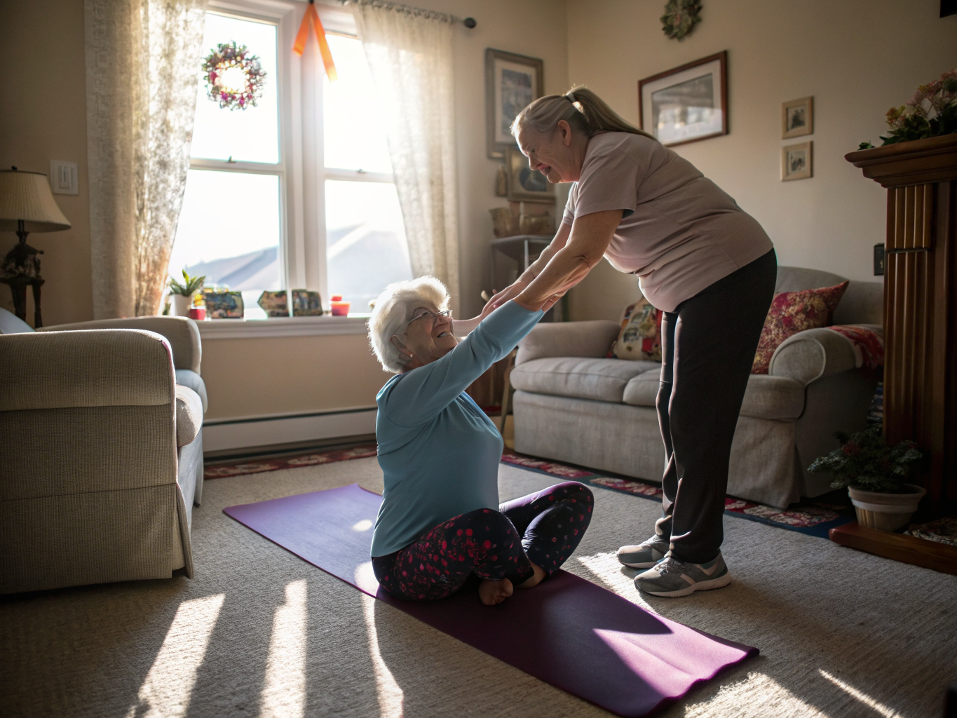 Alzheimer's safe exercise near Daughters of Israel West Orange NJ — seated yoga with caregiver