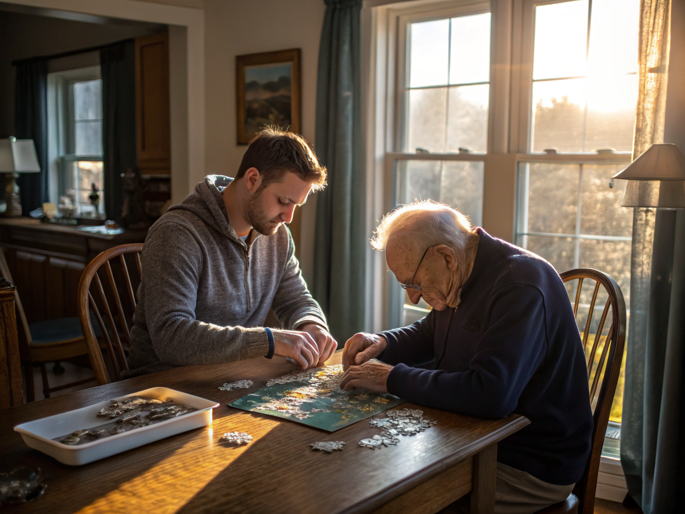 24-hour elder care in Essex County NJ — caregiver and senior working on puzzle together near Livingston