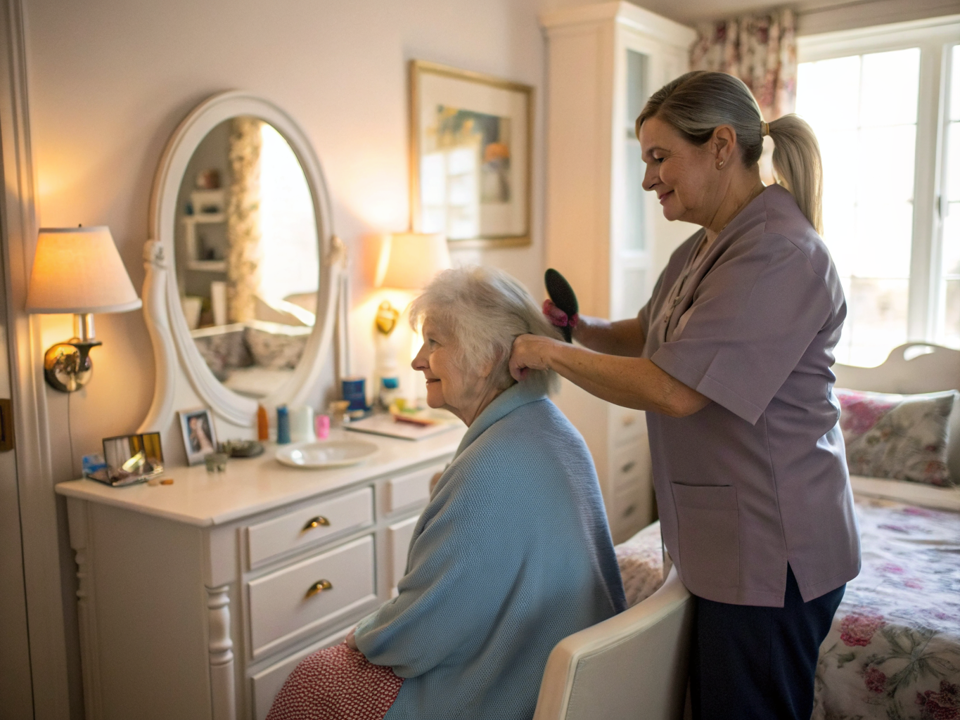 24-hour elder care in Middlesex County NJ — caregiver providing dignified personal grooming at home near Edison