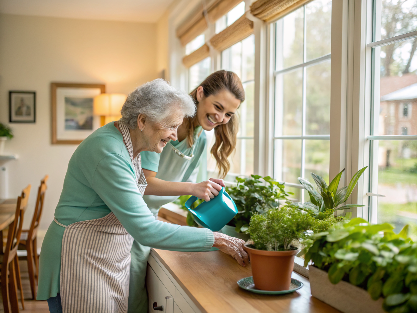 24-hour elder care in Morris County NJ — caregiver and senior watering plants together near Morristown