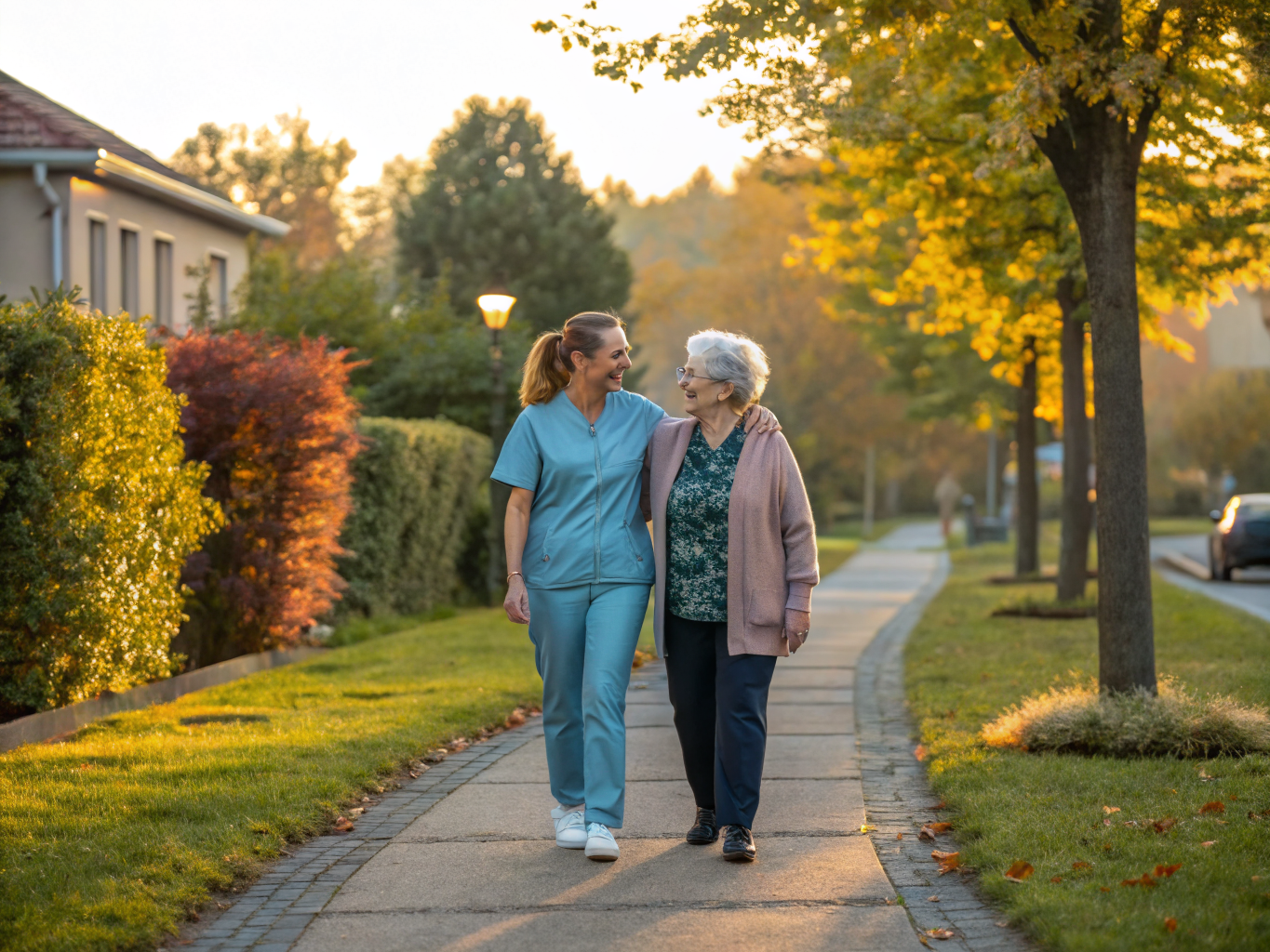 24-hour elder care in Somerset County NJ — caregiver walking arm-in-arm with senior near Basking Ridge