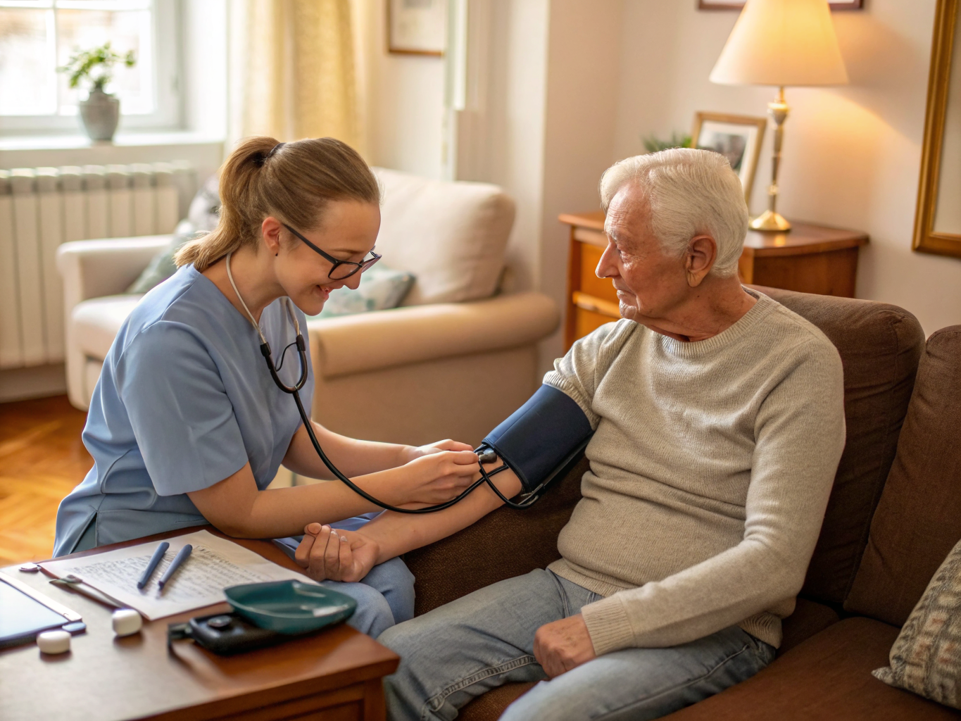 24-hour elder care in Union County NJ — caregiver checking blood pressure at home near Westfield