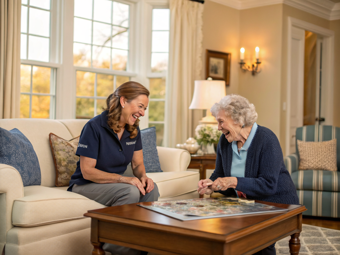 Emotional stability through companionship — caregiver and senior sharing joy