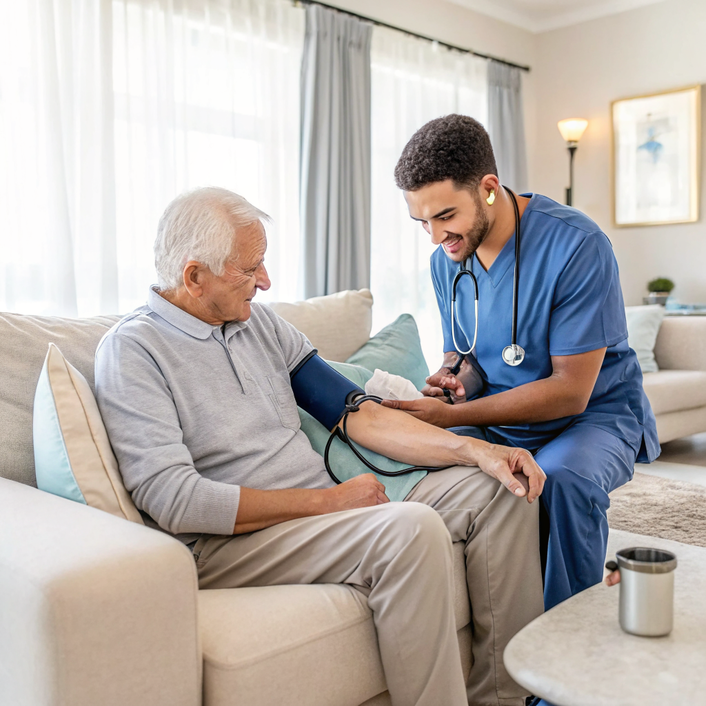 Home health aide checking vital signs in a New Jersey home