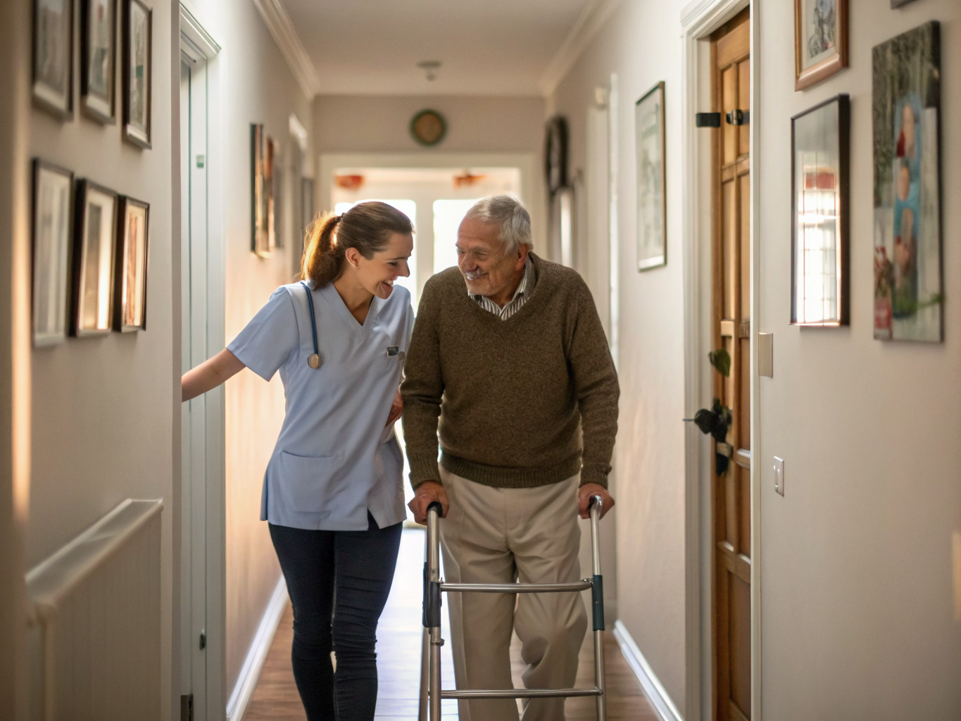 Home care aide supporting senior walking down hallway in Essex County NJ — safe mobility assistance near Livingston