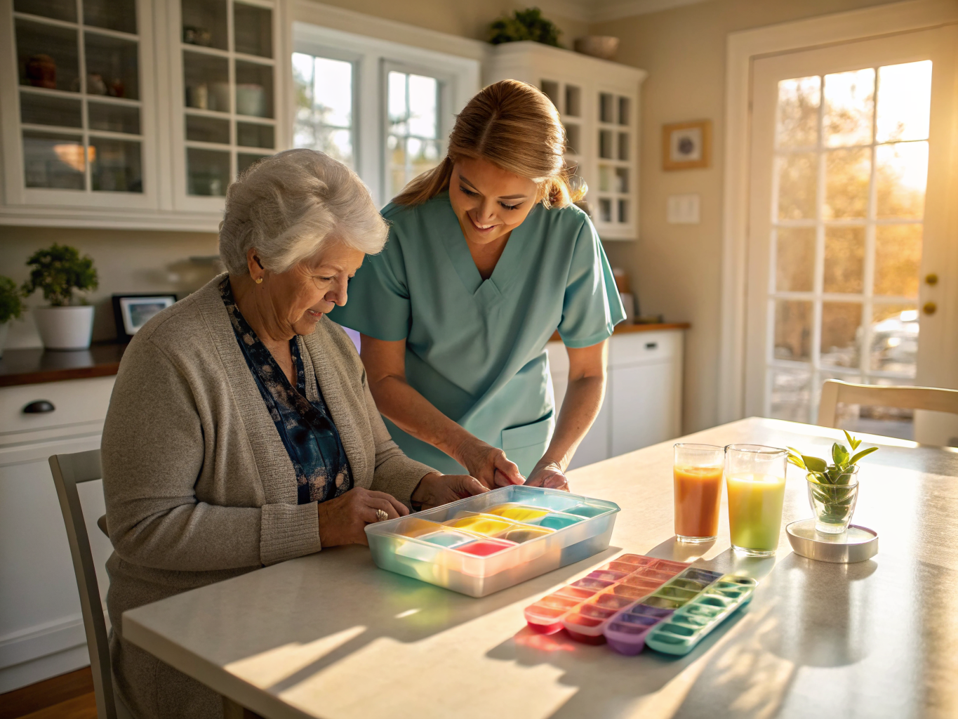 Home care aide organizing medication pillbox for senior in Middlesex County NJ — daily health management near Edison