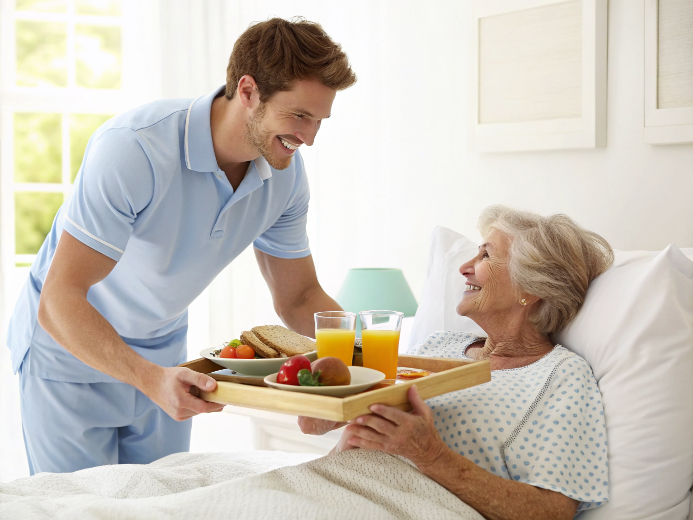 Home care aide serving breakfast in bed to senior in Morris County NJ — morning nutrition care near Morristown