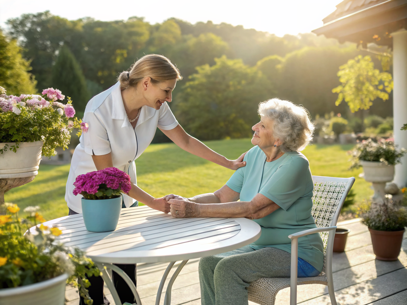 Home care aide doing gentle hand stretches with senior at garden patio in Somerset County NJ — therapeutic exercises near Basking Ridge