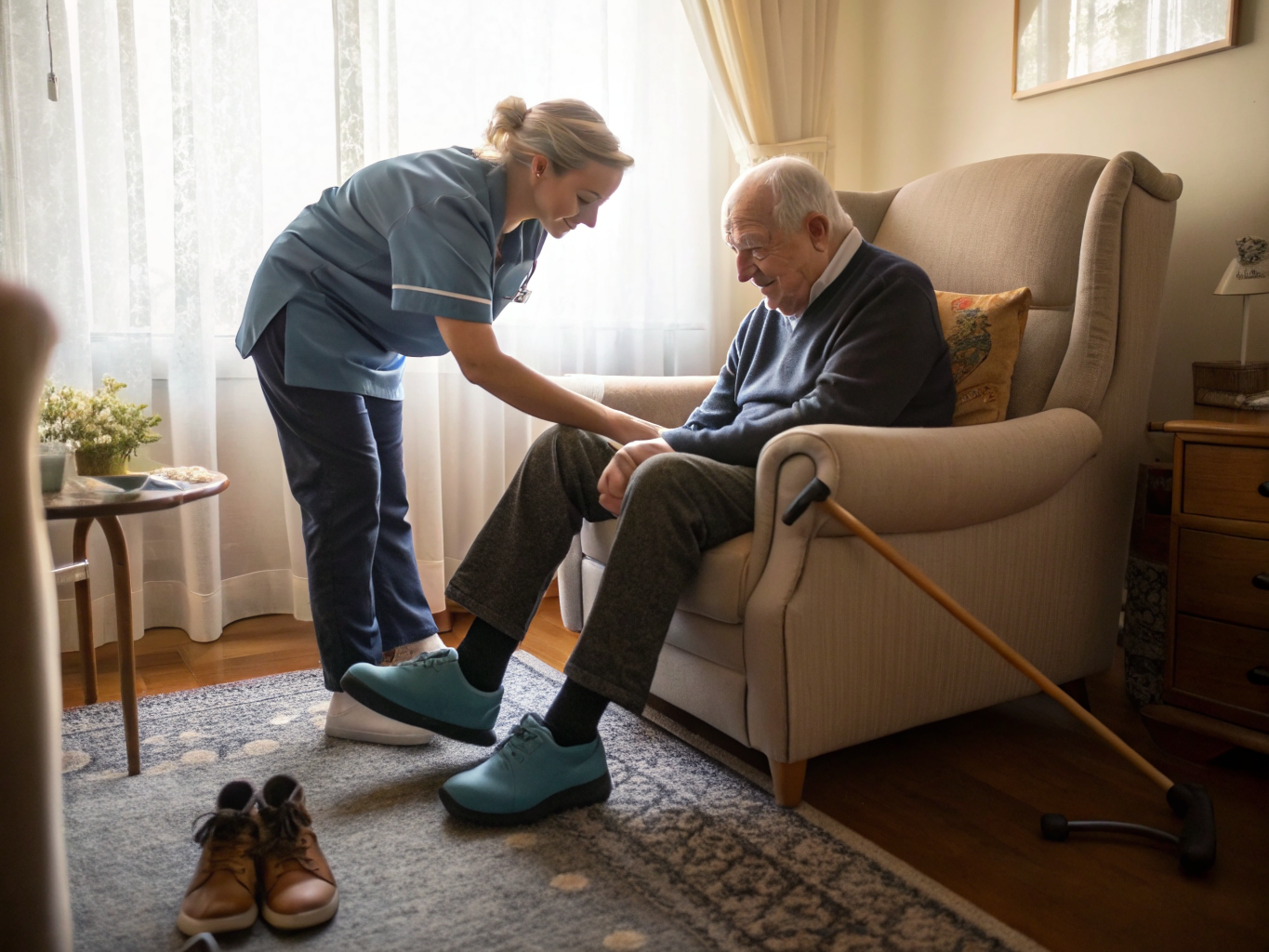 Home care aide helping senior put on shoes in Union County NJ — dignified daily assistance near Westfield