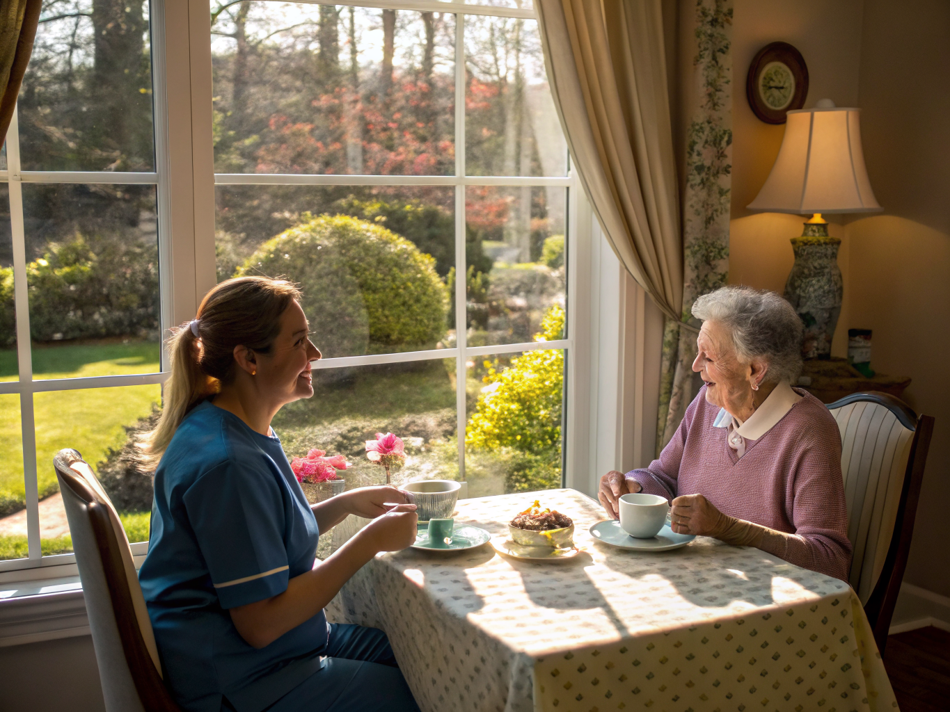 All-day care companionship near Hackensack Meridian NJ — afternoon tea with caregiver