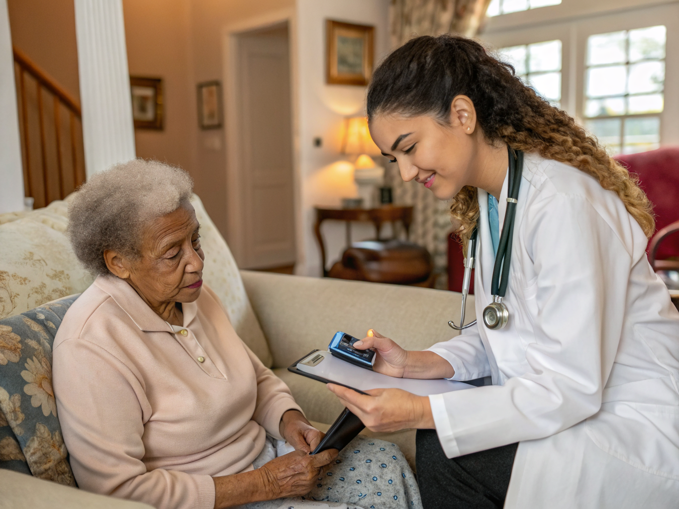 RN 24-hour care supervision near Hackensack NJ — pulse oximeter check with caregiver