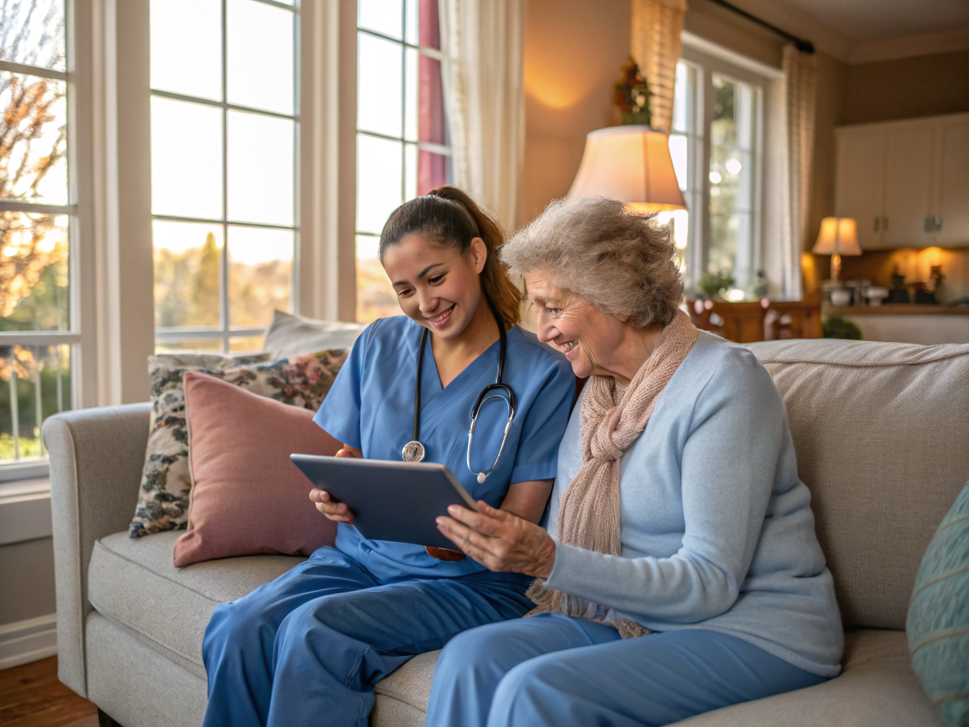 Live-in home care near Hackensack University Medical Center NJ — caregiver and patient sharing tablet