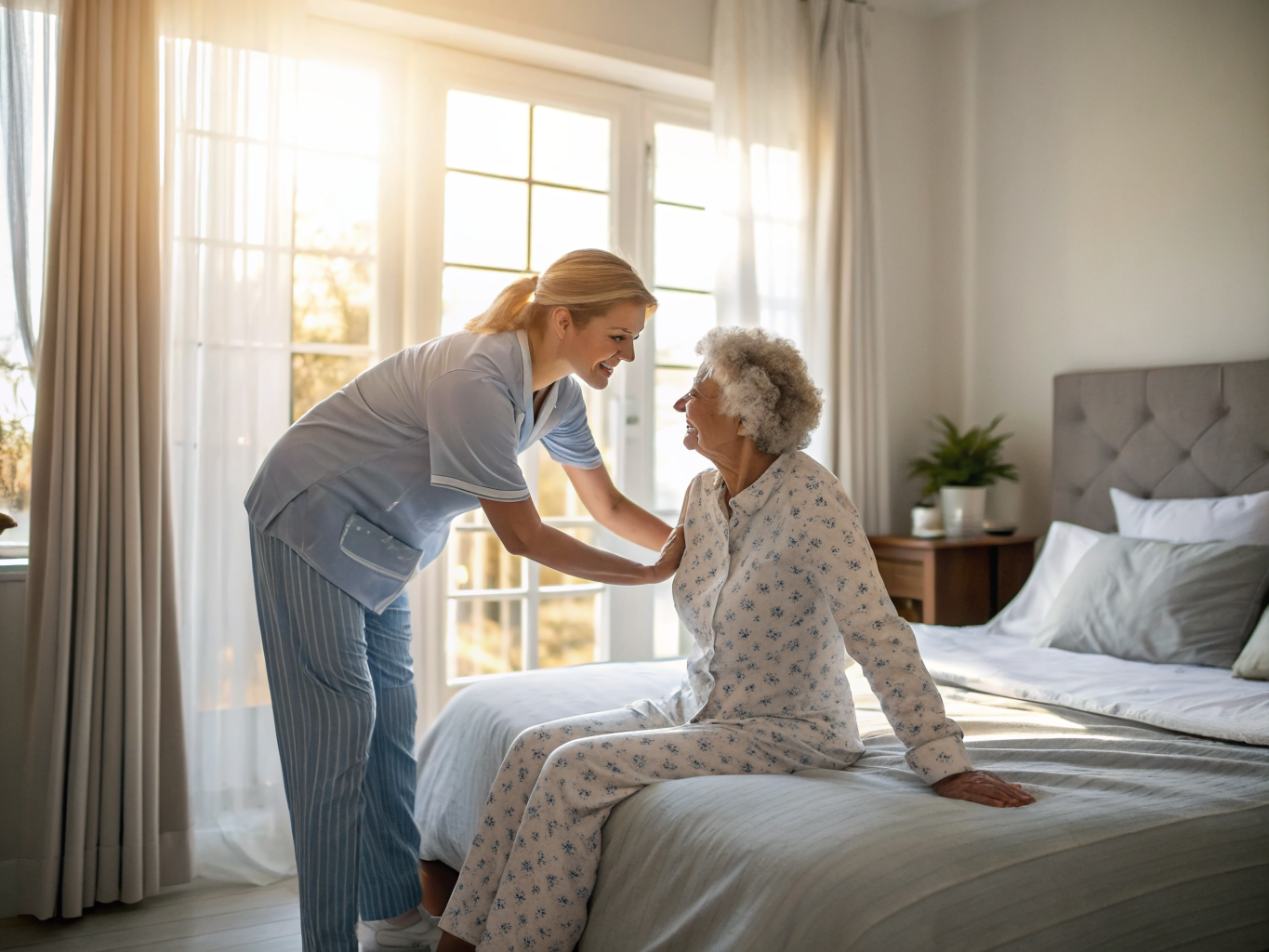 Live-in aide morning routine near Hackensack NJ — gentle stretches at bedside