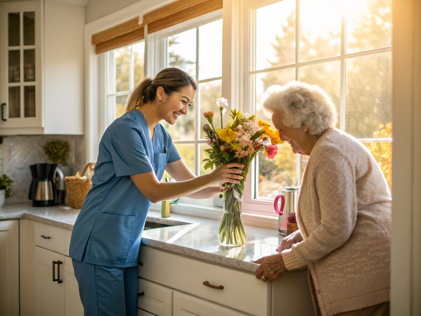 Live-in aide near Hackensack University Medical Center NJ — flower arranging activity together