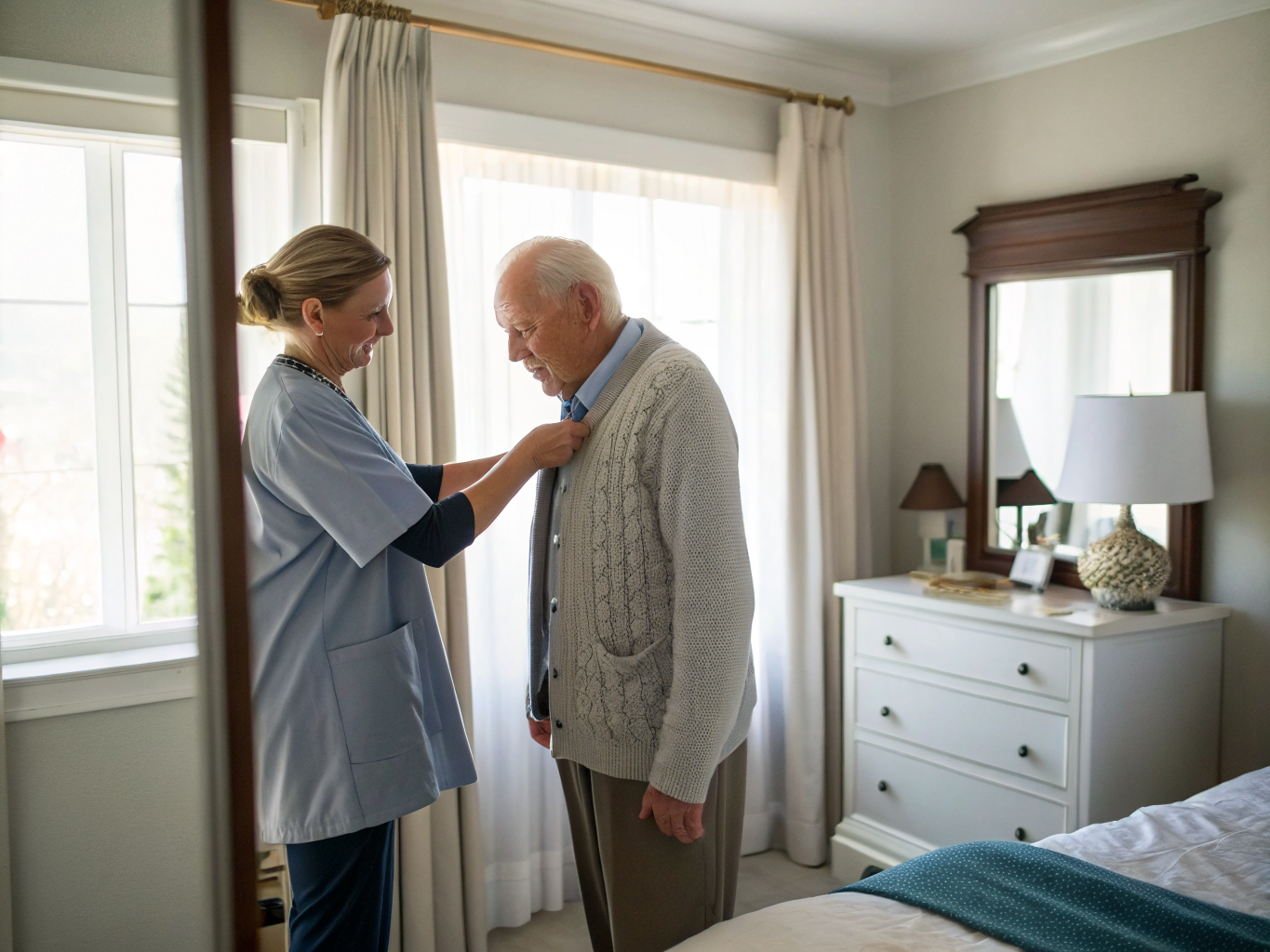 Live-in caregiver near Hackensack Meridian NJ — morning dressing assistance with dignity