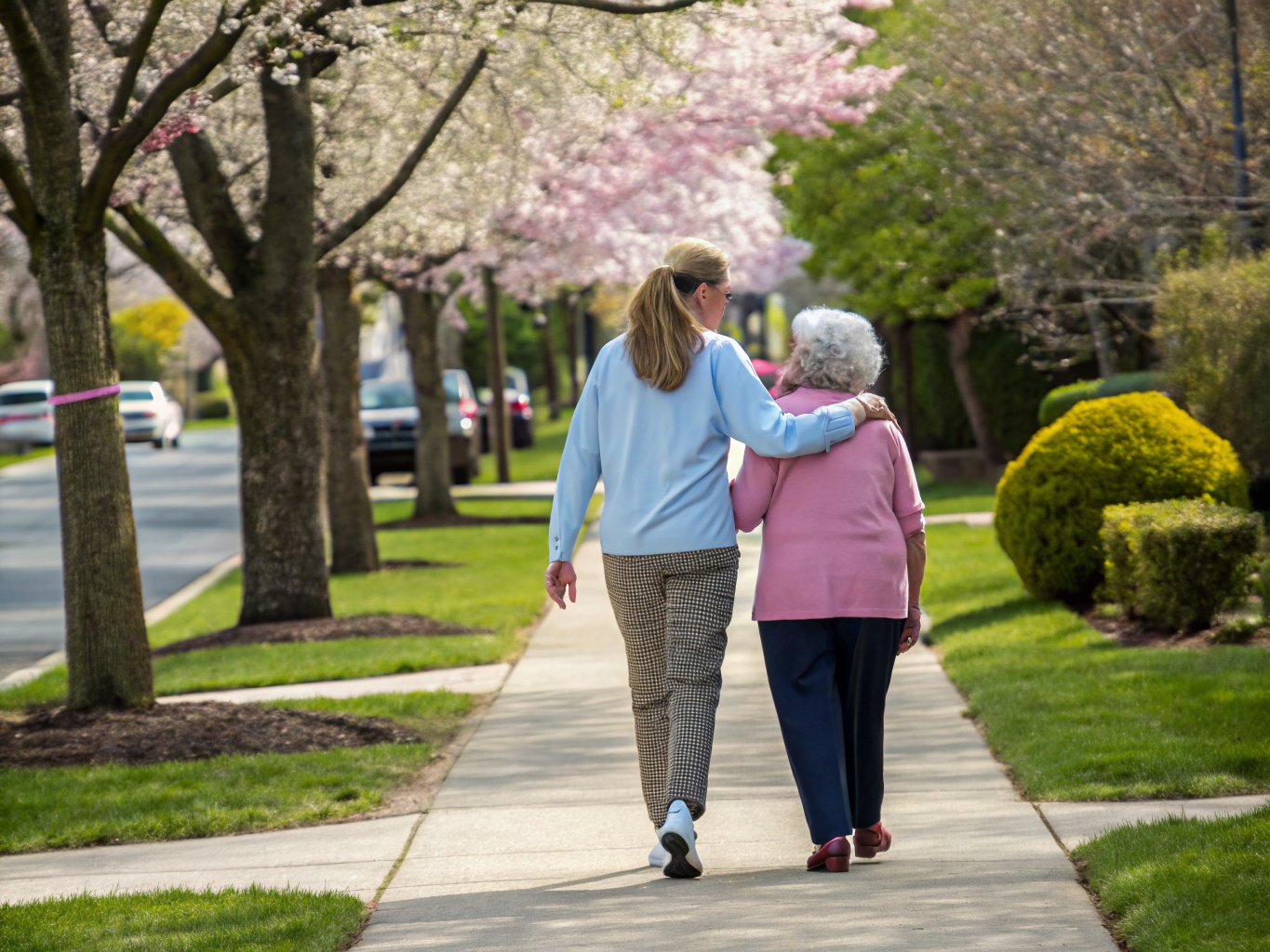 Live-in aide outdoor walk near Hackensack NJ — supervised neighborhood exercise