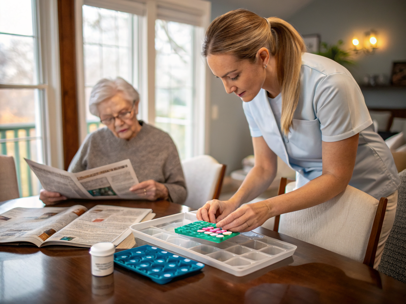 Live-in aide medication management near Hackensack NJ — weekly pill organizer preparation