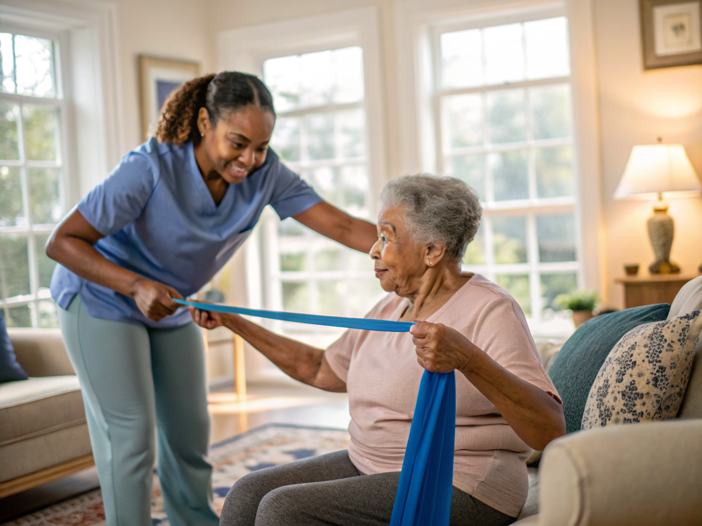 Rehabilitation recovery near Hackensack Meridian NJ — seated resistance band exercises