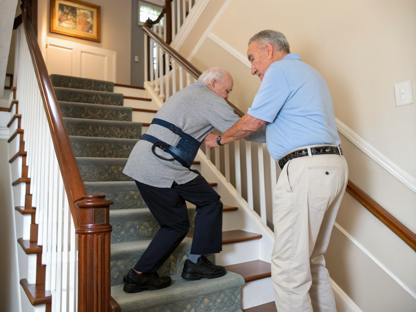 Post-rehab stair training near Hackensack NJ — safe step technique with caregiver