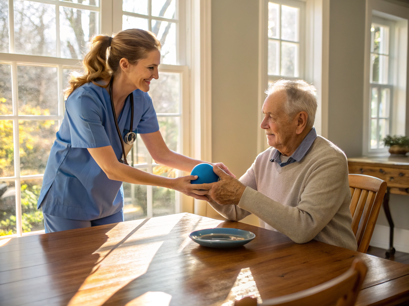 Post-stroke home care near Hackensack University Medical Center NJ — hand grip therapy exercise