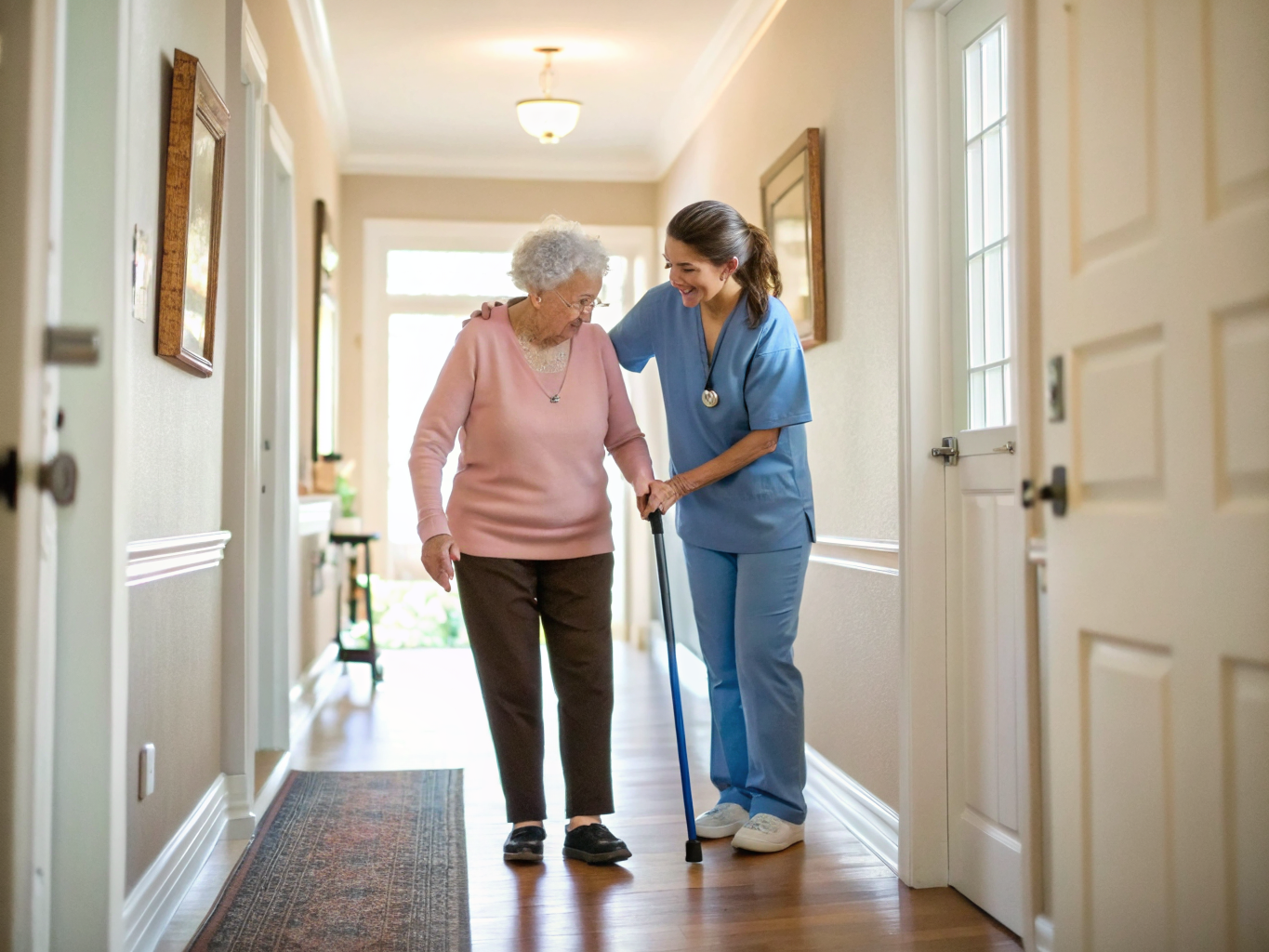 Stroke recovery walking near Hackensack Meridian NJ — quad cane gait training with caregiver