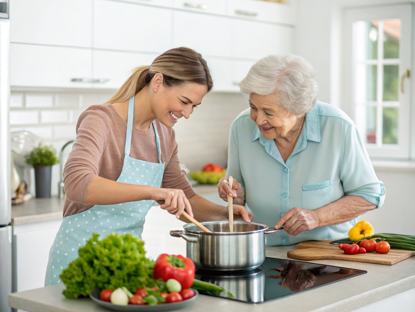 Senior care daily activity near Hackensack NJ — cooking together with caregiver