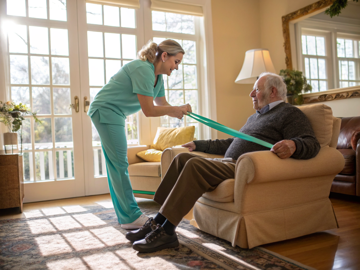 Senior fitness at home near Hackensack NJ — seated resistance exercise with aide