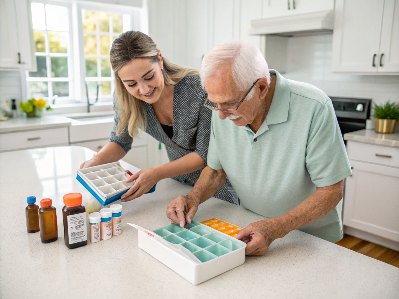 24-hour care at home in Essex County NJ — caregiver organizing medications for senior near Livingston