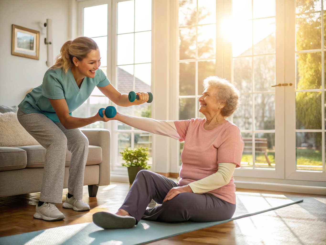 24-hour care at home in Middlesex County NJ — caregiver guiding seated exercises for senior near Edison